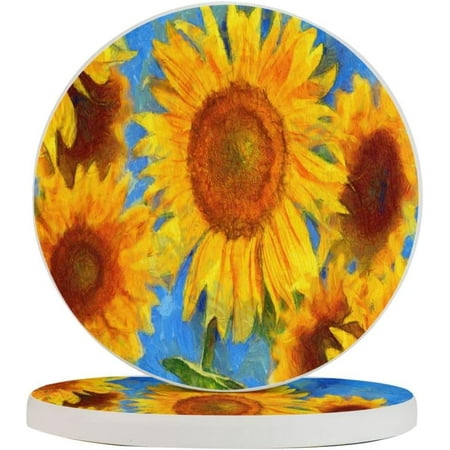

Set of 2 Round Coasters Sunflowers-Vincent-Van-Gogh for Drinks 4 Inch Ceramic Cups Place Mats Home Decor
