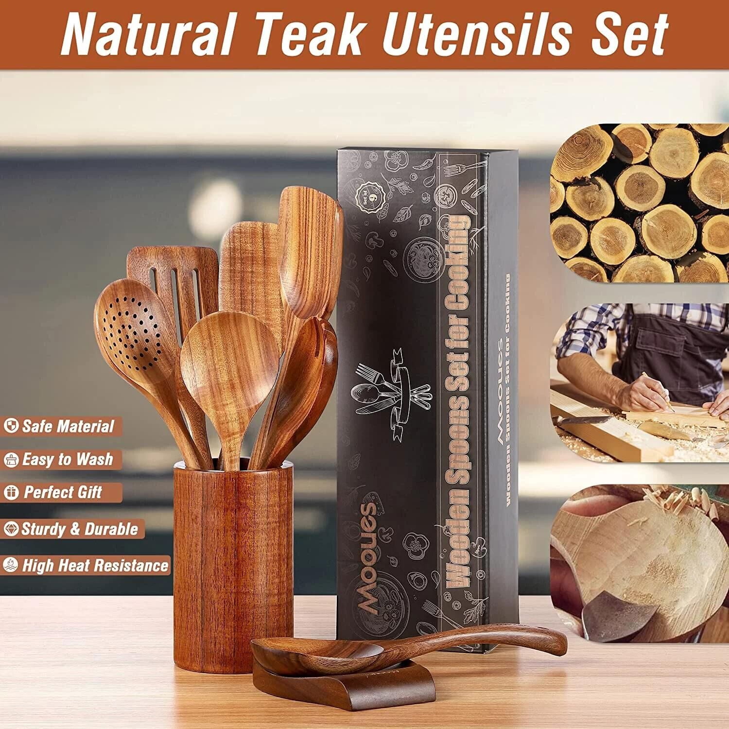VUOHOEG Wooden Spoons for Cooking with Wide Utensil Heads, 9 PCS Teak Wooden Utensils Set
