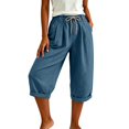 thumbnail image 5 of Capri Pants for Women Linen Wide Leg Loose Fit with Drawstring Elastic Waist Casual Summer Cuffed Pants with Pockets, XL, 5 of 6