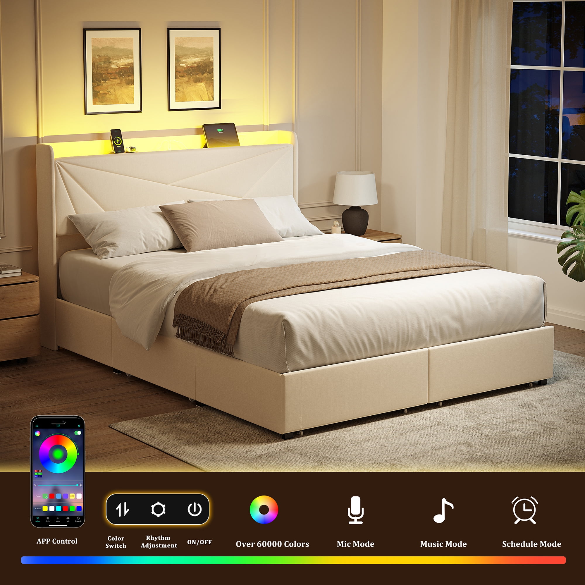 GUNAITO Full Size Bed Frame with 4 Storage Drawers, Upholstered LED Bed with USB Ports, Modern Bed with Headboard Noise Free Platform Bed with Metal Frame, Beige