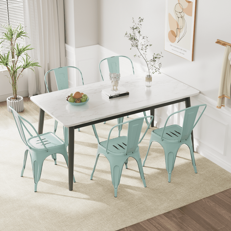 Furmax Set of 4 Metal Dining Chairs Stackable Indoor Industrial Vintage Chairs,Distressed Blue