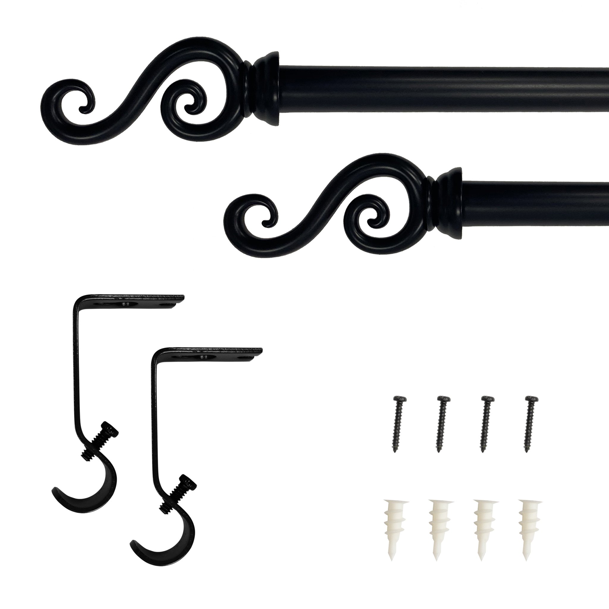 Lumi 5/8" Single Drapery Curtain Rod Set with Scroll Finials, Black, 28"-48"