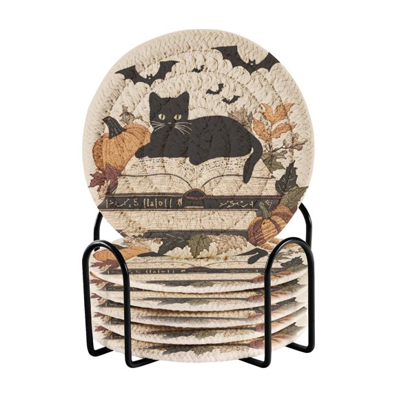 Yayeee 6 PCS Drink Coasters with Holder Set Woven Absorbent Round Tabletop Hot Pad, Gray Halloween Cat