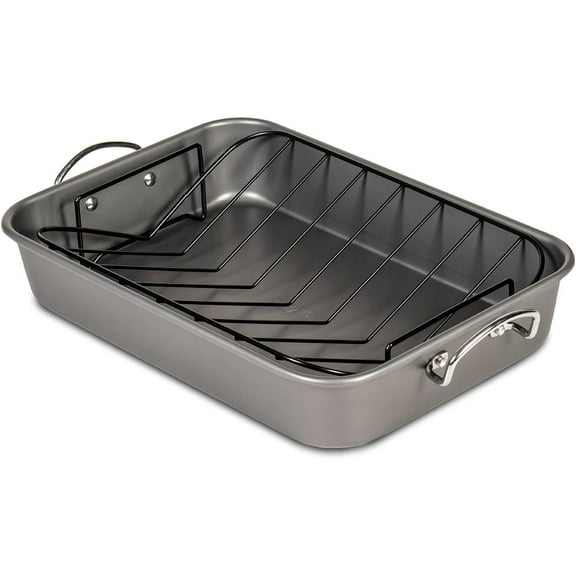 Roasting Pan Nonstick 11x15 - Heavy Duty Metal Bakeware Dish with Rack - Large Oven Roaster Tray for Baking Turkey, Chicken, and Veggies