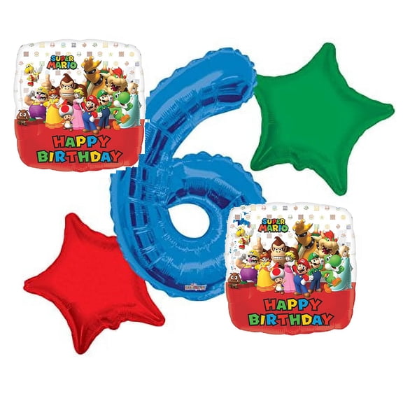 Super Mario Balloon Bouquet 6th Birthday 5 pcs - Party Supplies