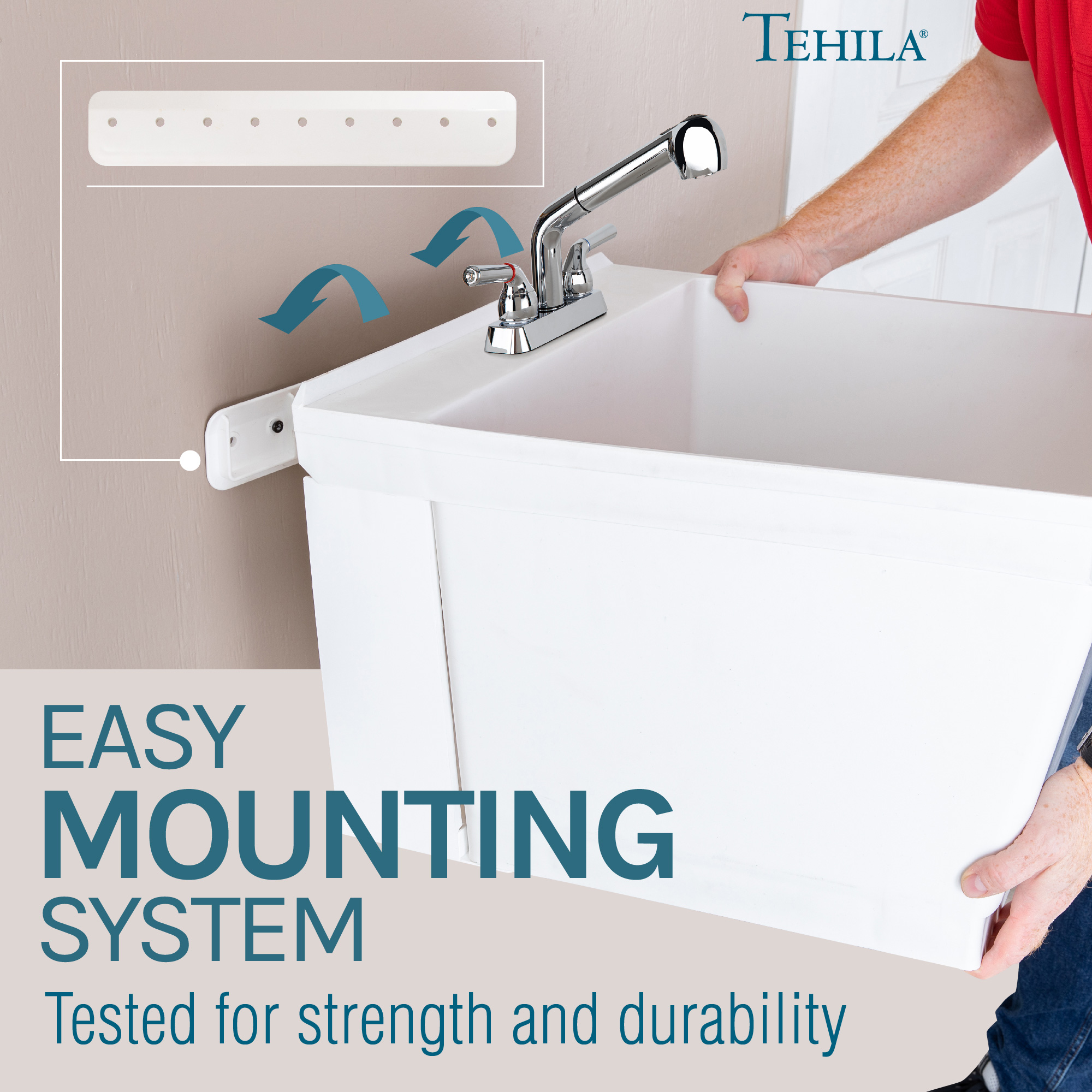 Tehila Wall Mounted White Utility Sink with Chrome Finish Pull-out Faucet
