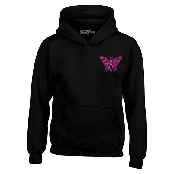 Shop4Ever Men's Breast Cancer Awareness Ribbon Butterfly Pocket Hooded Sweatshirt Hoodie XX-Large Black