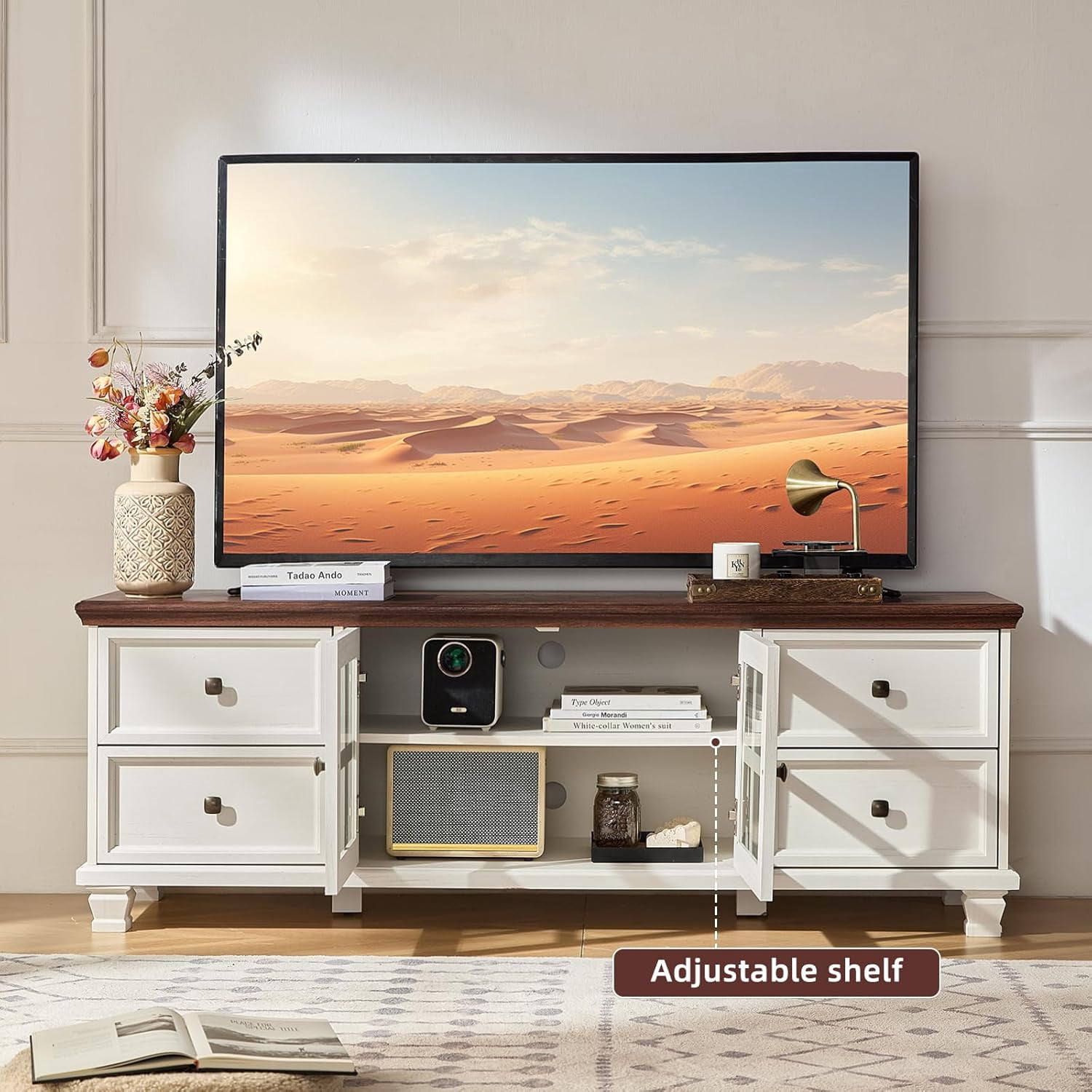 LELELINKY Farmhouse TV Stand and Coffee Table Set 4, Rustic Wood Living Room Table Set with TV Console, Center Table, 2 Pcs End Table for Hall, White