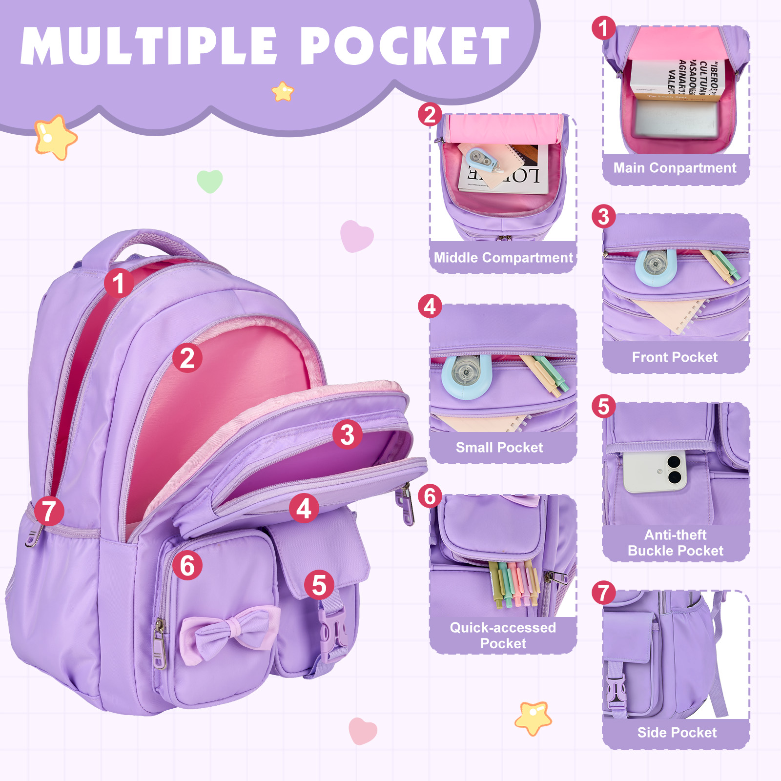 DAKIMOE Kids School Backpack with Bow, Purple photo 3