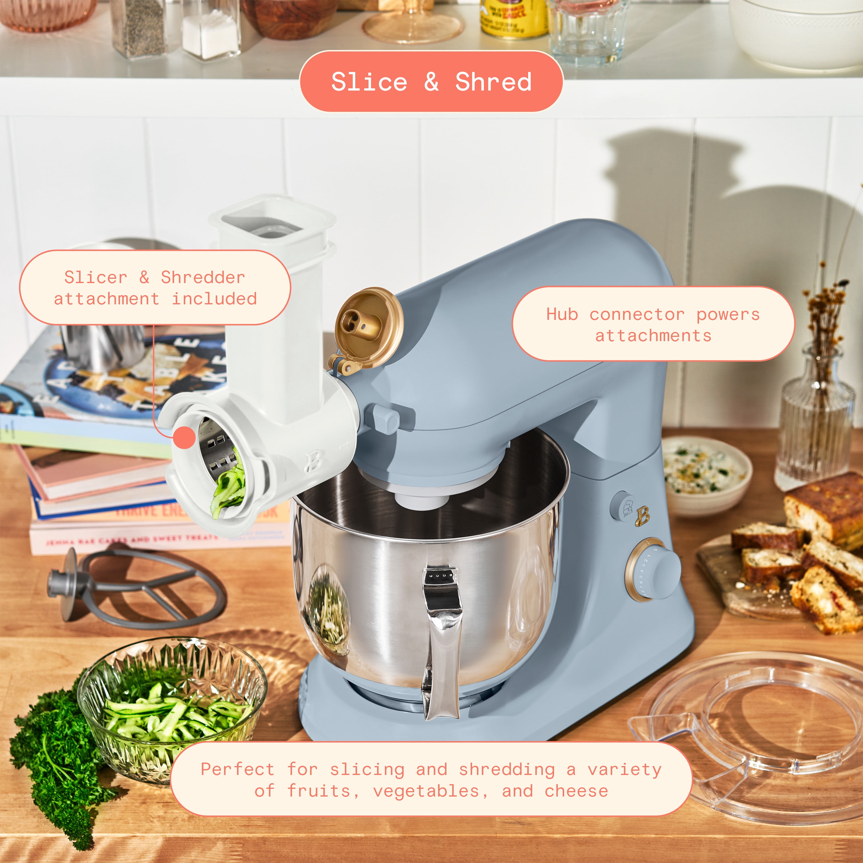 Beautiful 6 Qt Tilt-Head Stand Mixer with Dough Hook, Flat Beater, Balloon Whisk, Pastry Beater & Slicer/Shredder Set, Cornflower Blue by Drew Barrymore