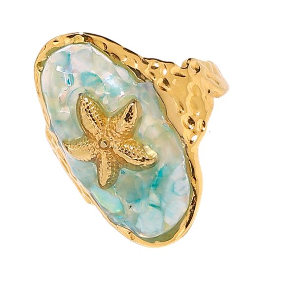 HONCLL Marine Style Blue Resin Oval Ring Surgical Grade 316L Metal Comfort Fit Jewelry