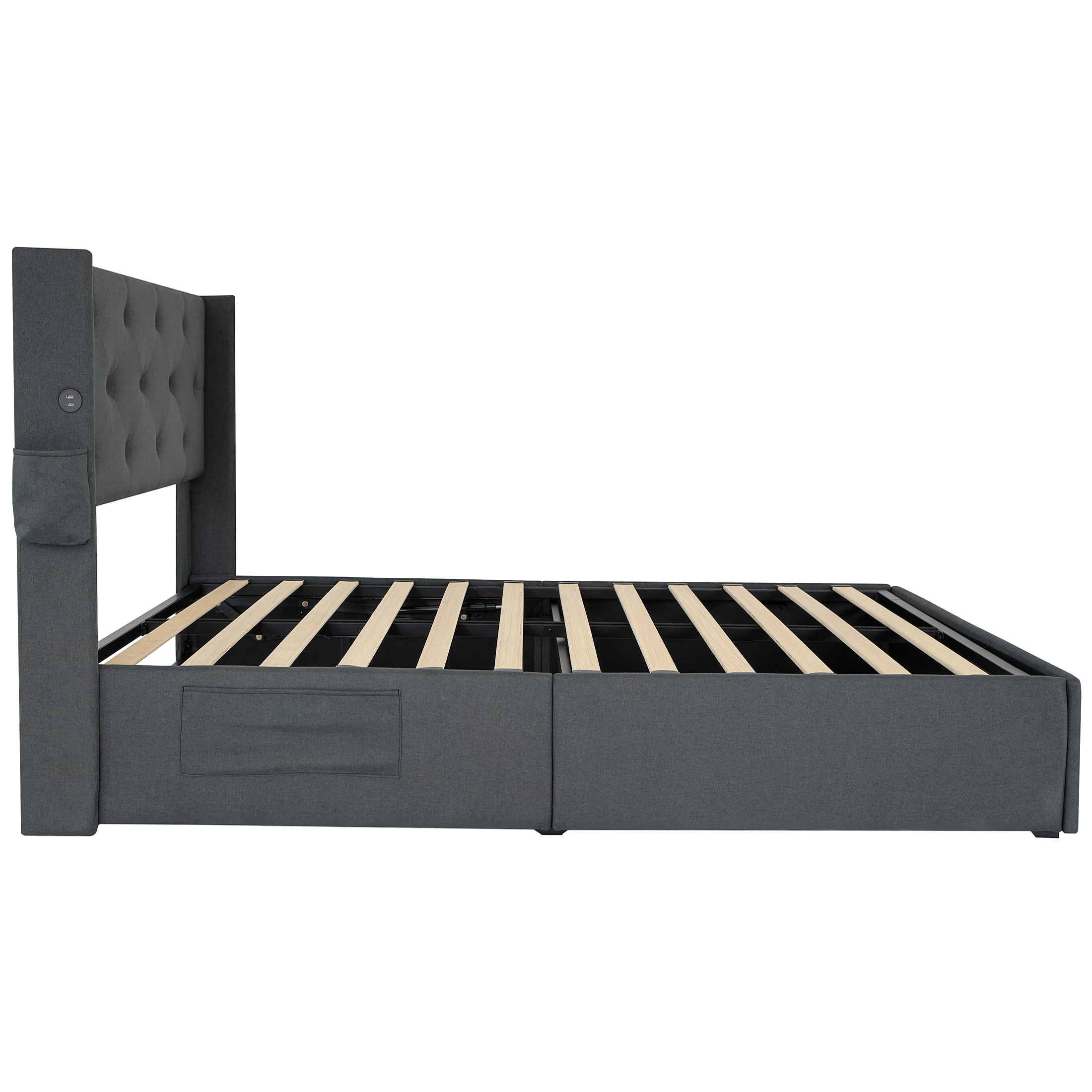 JERFIT Queen Upholstered Storage Bed Frame with Wingback Headboard, USB Charging Ports, Dark Gray