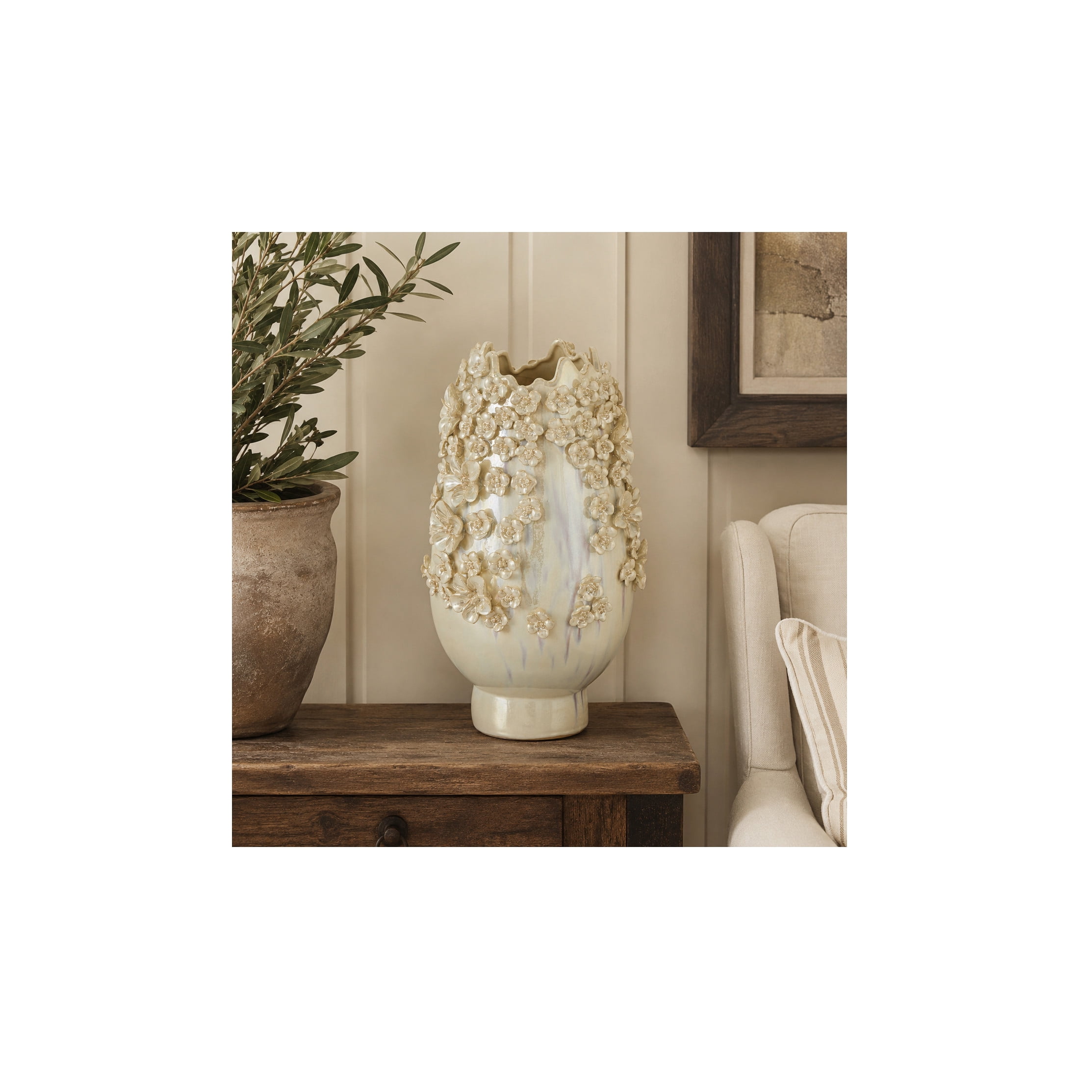 DecMode 17" Floral 3D Cream Ceramic Vase with Iridescent Glaze