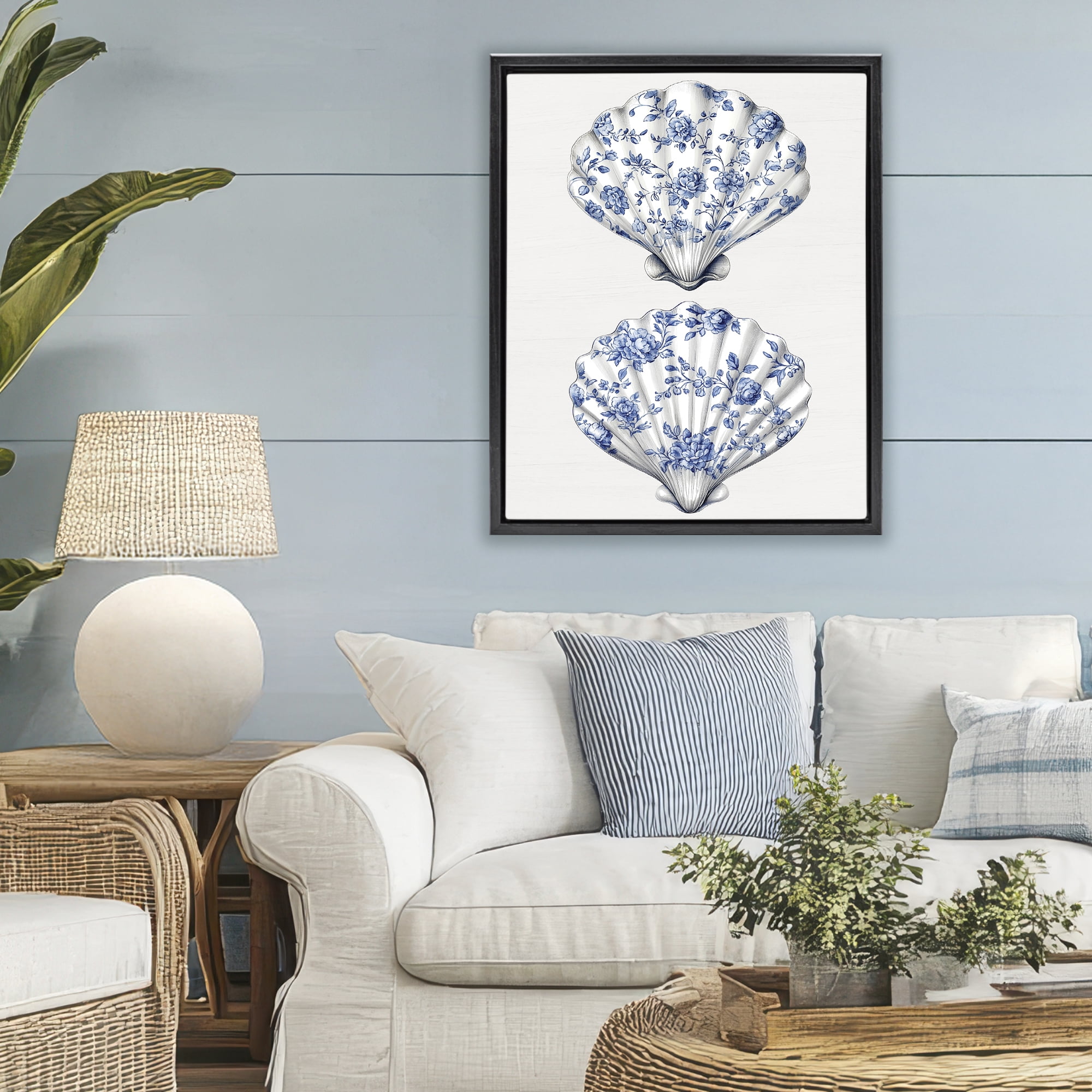 Delicate Toile Seashells Black Framed Floater Canvas Wall Art, design by Lettered and Lined