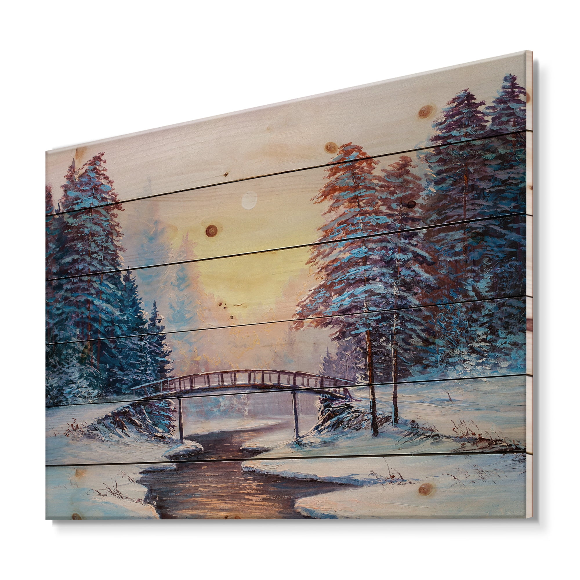 Designart 'Snow Covered Landscape and Little Bridge' Traditional Print on Natural Pine Wood