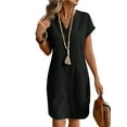 thumbnail image 2 of Women Linen Dress Spring Summer Casual Cap Sleeve V Neck Midi Button Down Shirt Dresses Black S, 2 of 6