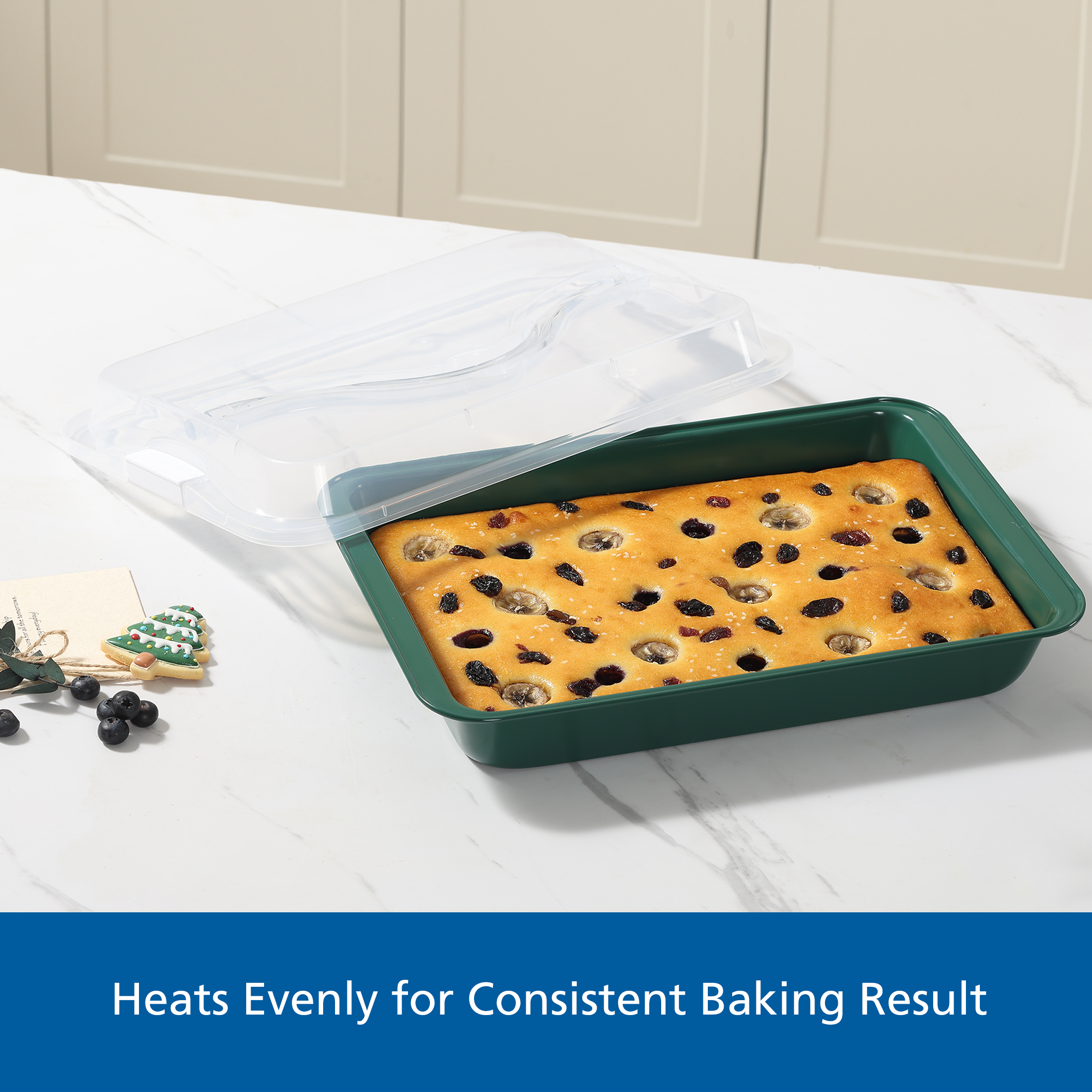 Holiday Time Bakeware Rectangular Cake Pan with Plastic Lid, Green, Handle, Non-Stick, Carbon Steel