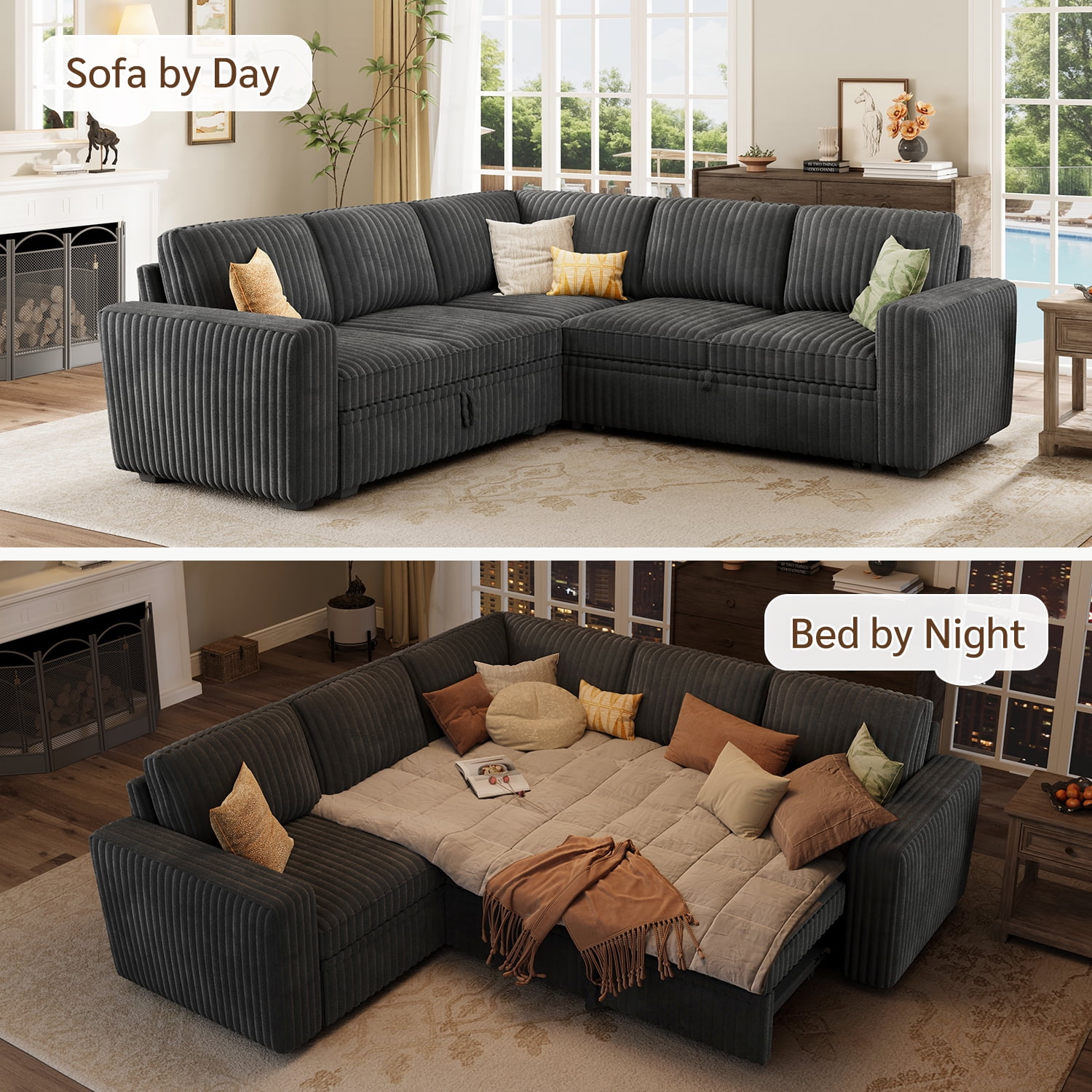 Marrber 84" Large Sectional Sofa with Pull-Out Sleeper Bed, Reversible Chaise & Hidden Storage, Pet-friendly Corduroy for Living Room, Gray