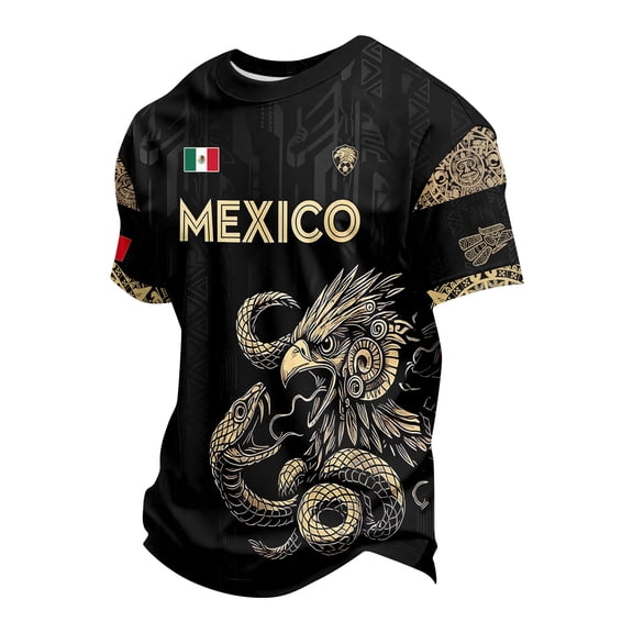 Mexico Men's Soccer Jersey, Men's Mexican Heritage Aztec Graphic T-Shirt, Short Sleeve Athletic Football Top, Eagle and Snake Emblem Fan Gear