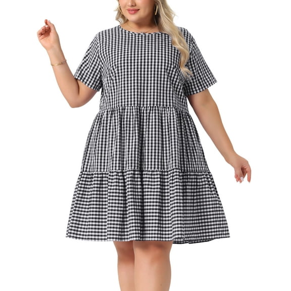 Agnes Orinda Women's Plus Size Gingham Dresses 1950s Vintage Tiered Crew Neck Short Sleeve Summer Casual Midi Plaid Dress 1X Black