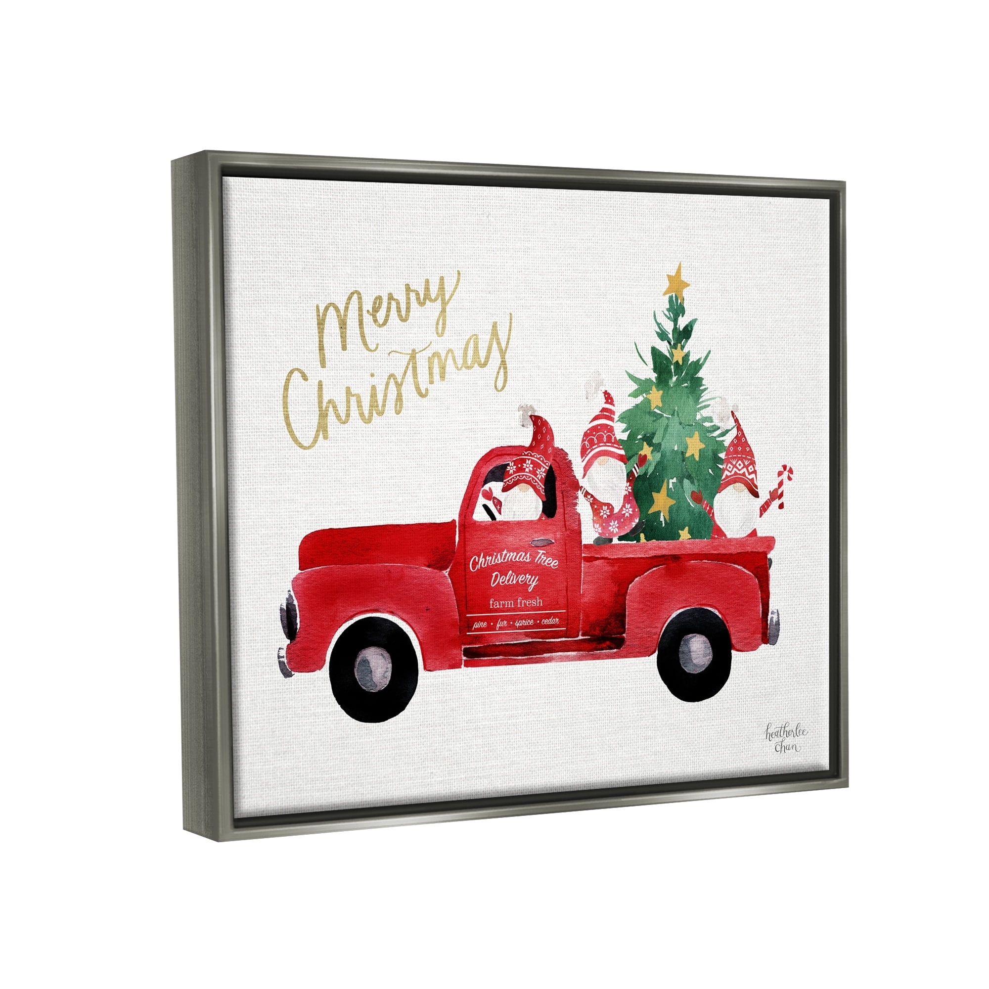 Stupell Industries Merry Christmas Holiday Red Truck Santa Gnomes & Tree Graphic Art Luster Gray Floating Framed Canvas Print Wall Art, Design by Heatherlee Chan