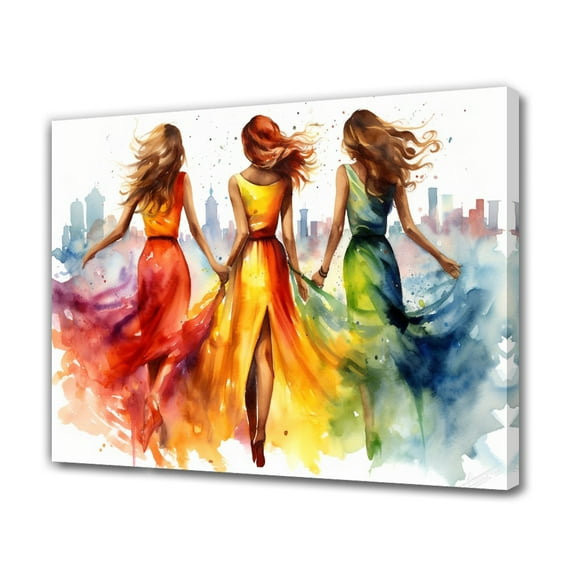 Three Women In Colorful Dresses Stroll Against An Urban Backdrop Watercolor Painting Canvas Poster Bedroom Decor Sports Landscape Office Room Decor Gift,Frame-style,20x30inch(50x75cm)