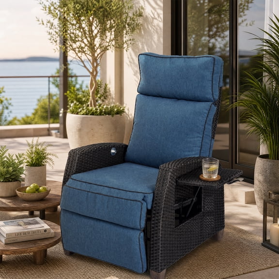 EVERITE Outdoor 150° Lay-Flat Wicker Recliner,Patio Lounge Chair with Flip-up Side Table & Air Pump,Peacock Blue