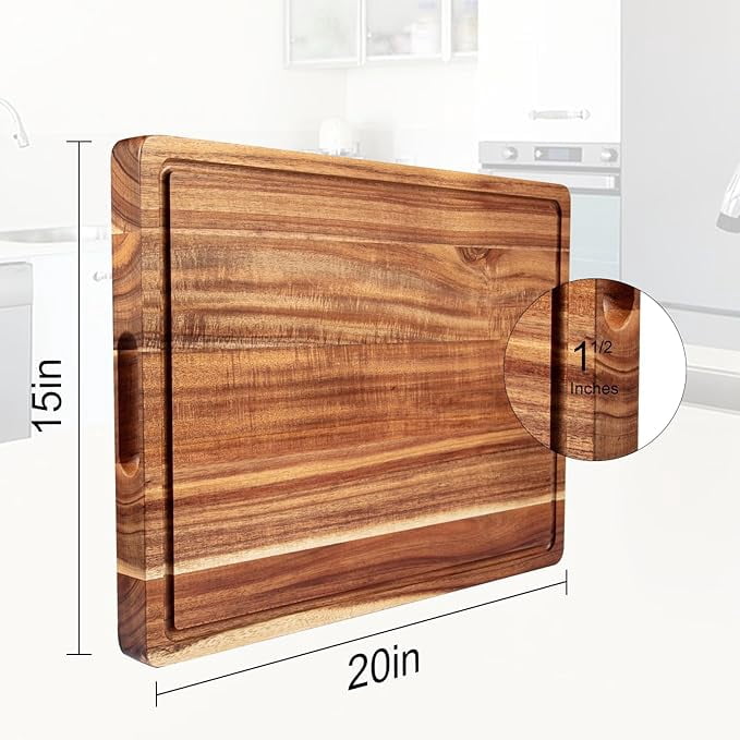 24 x 18 In Extra Large Acacia Wood Cutting Board, 1.5" Thick Kitchen Cutting Boards with Handle & Juice Groove, Butcher Block, Wooden Carving Board for Meat and Chopping Vegetables