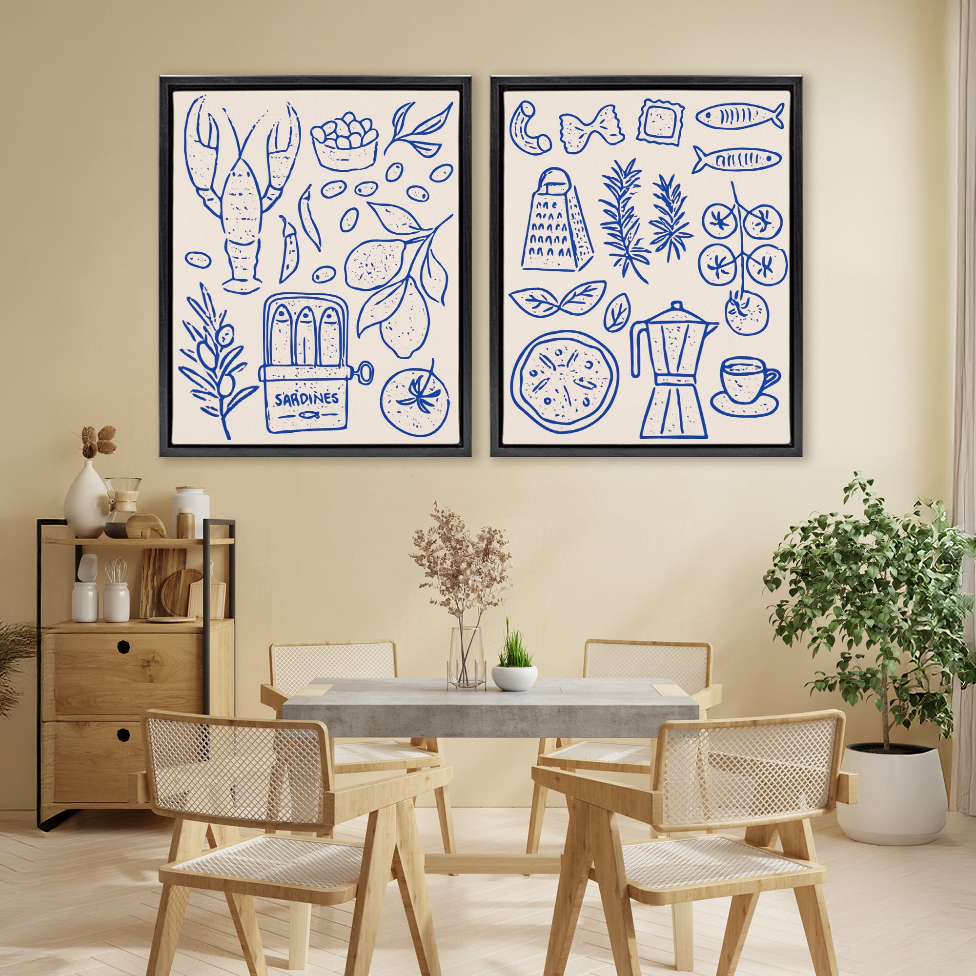 Stupell Industries Mediterranean Kitchen Simplicity 2 Piece Black Framed Floater Canvas Set, design by Camila Juncos