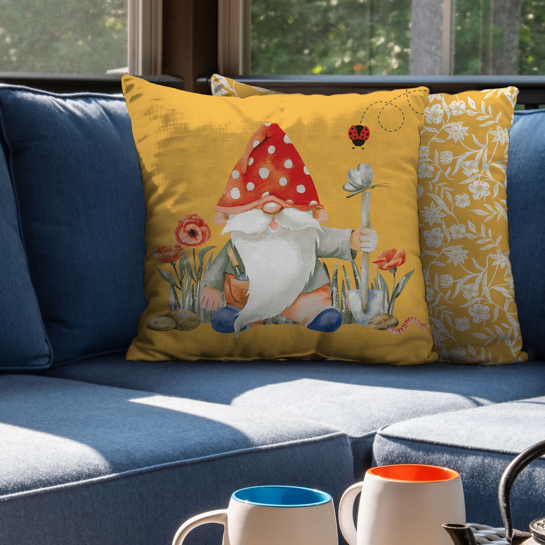 Mainstays 16" x 16" Reversible Garden Gnome Decorative Outdoor Throw Pillow, Yellow