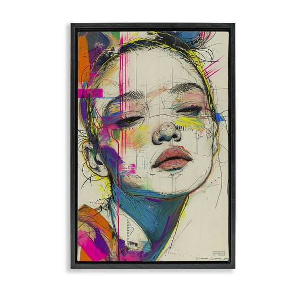Stupell Industries Bright Sketch Visage Novelty Painting Black Floater Framed Art Print Wall Art, 17 x 25