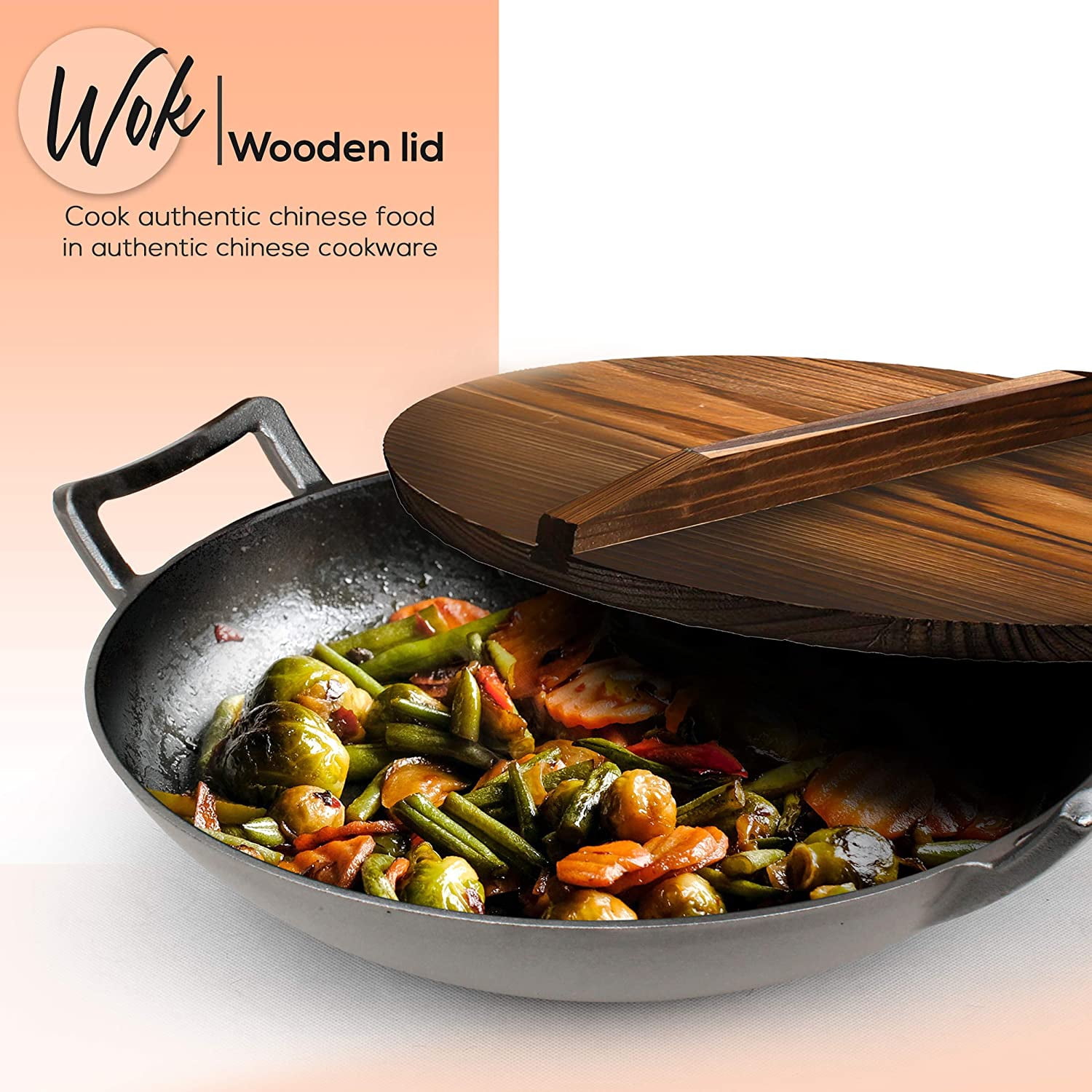 14 inch Lightweight Cast Iron Wok with Glass Lid Stir Fry Pan Wooden Handle Chef’s Pan Pre-Seasoned Nonstick for Chinese Japanese and Other Cooking