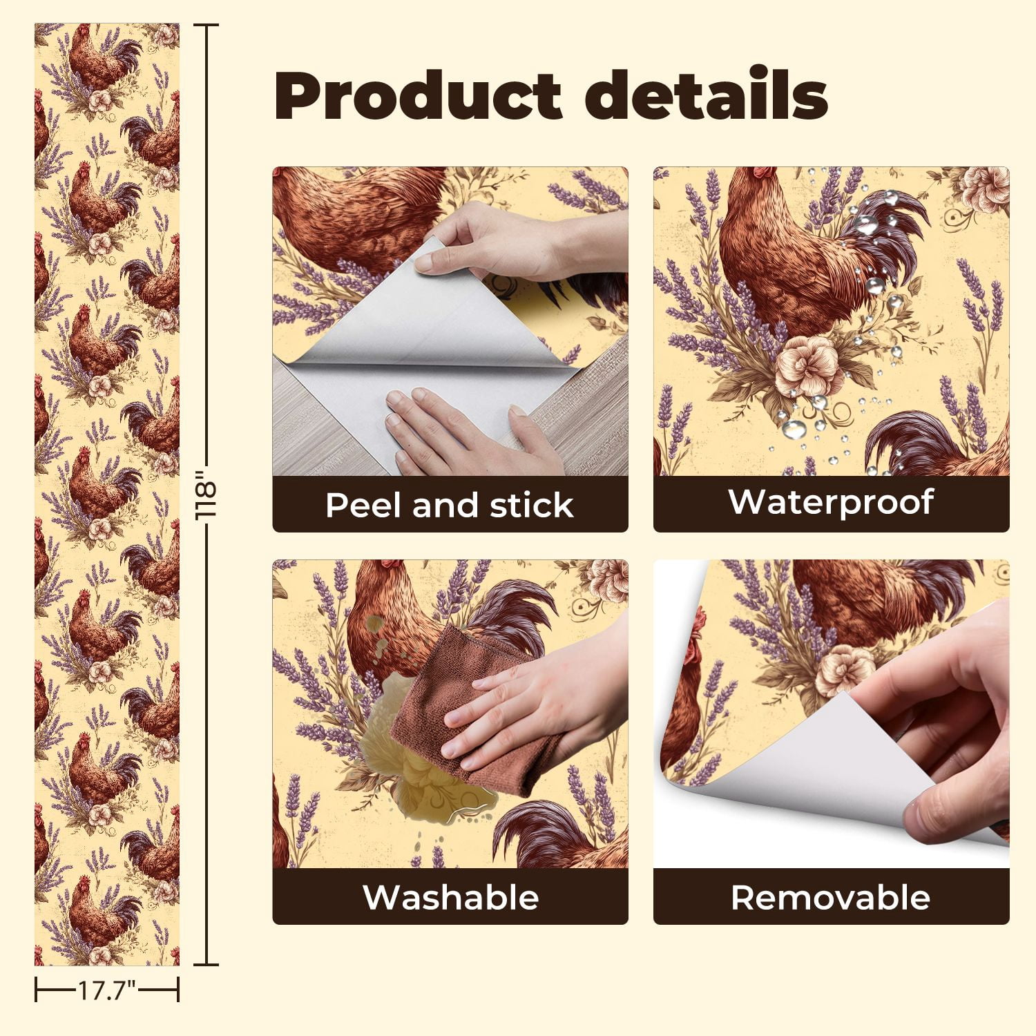 Peel and Stick Wallpaper 17.7in x 9.8ft Rustic Farmhouse Rooster Floral Seamless Warm Vintage Tones Contact Paper Vinyl Waterproof Self Adhesive Wall Paper for Bedroom Shelf Cabinet Renter Friendly