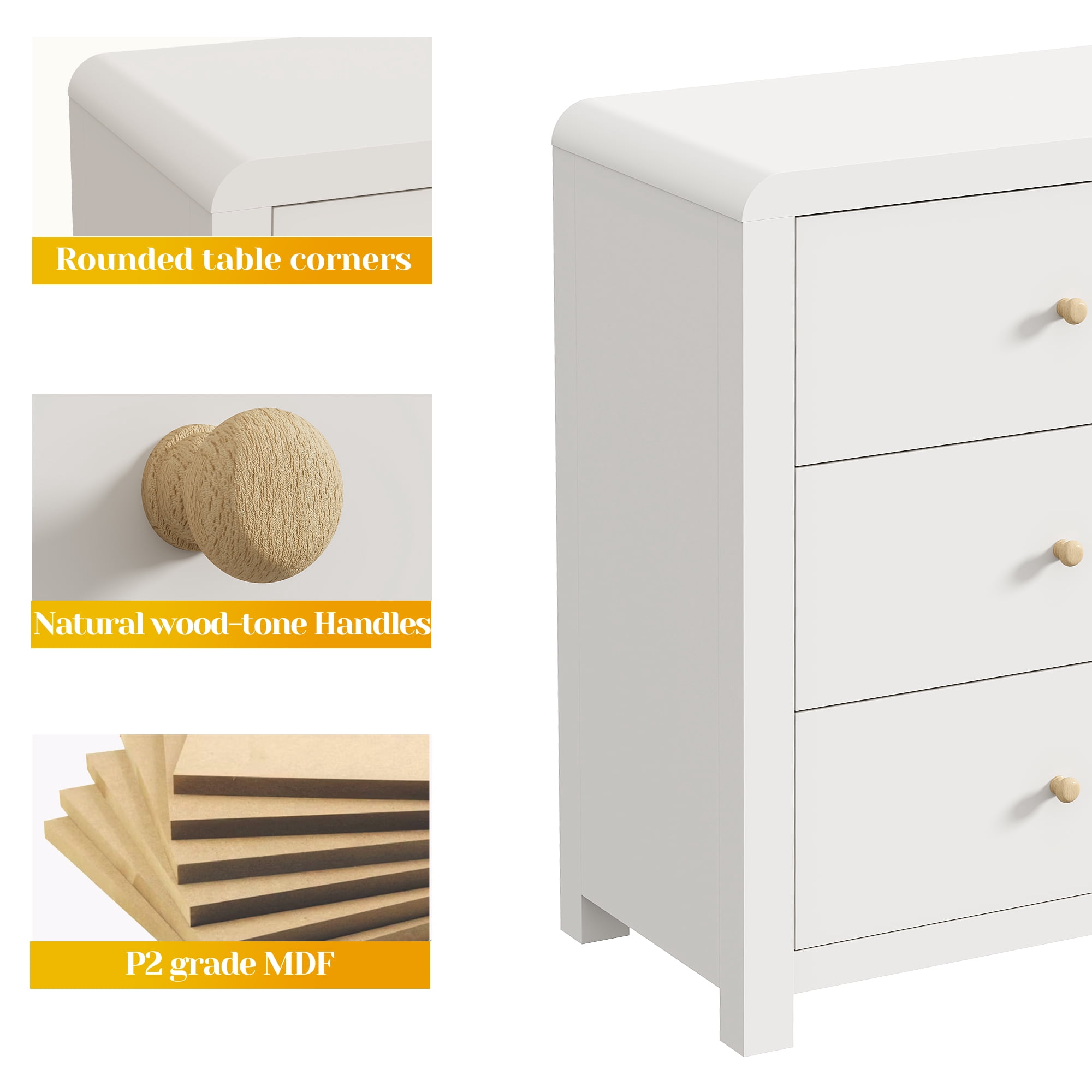 Cozy Home Solid Wood 3-Drawer Storage Dresser, Rounded Corner Modern Bedroom Chest of Drawers & Large Nightstand, White Organizer for Bedroom, Living Room, Entryway
