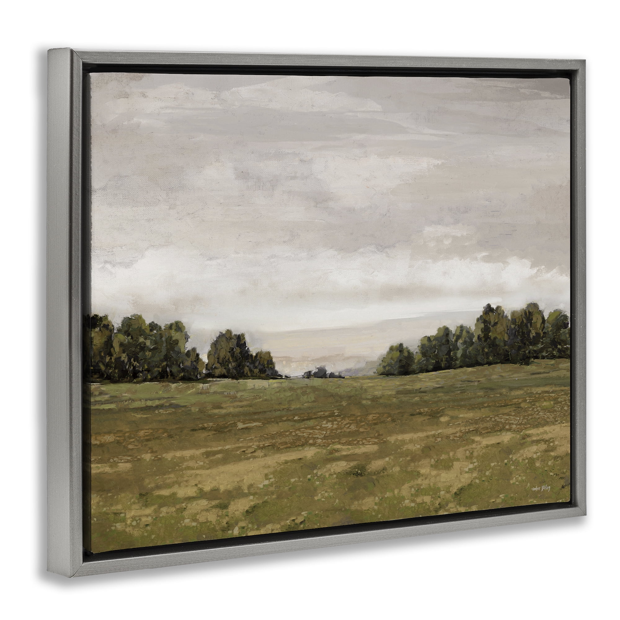 Stupell Industries Distant Trees Grassland Landscape Painting Gray Floater Framed Art Print Wall Art, 31 x 25