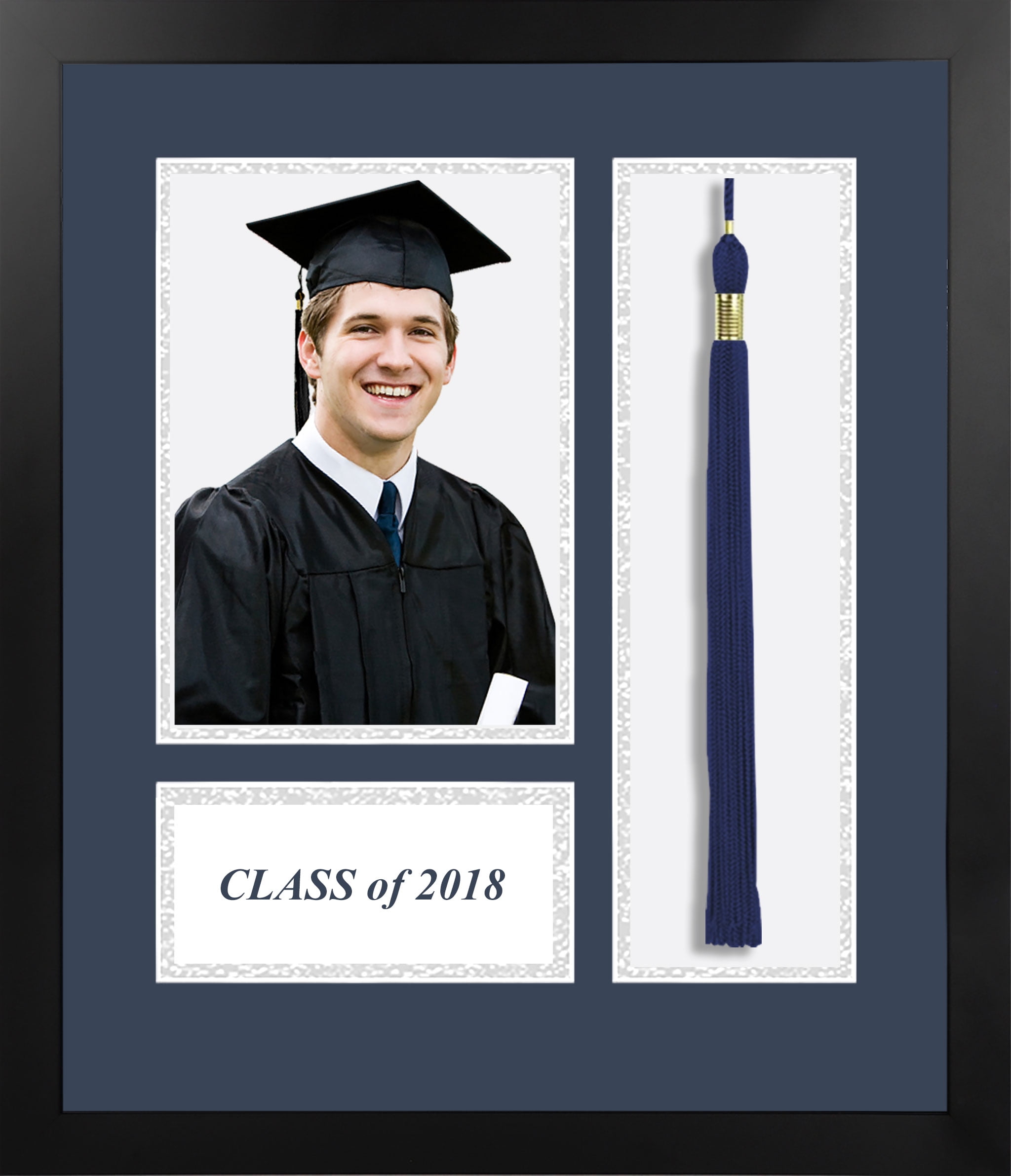2018 Academic Black Photo Frame, Navy and Silver matting with Tassel