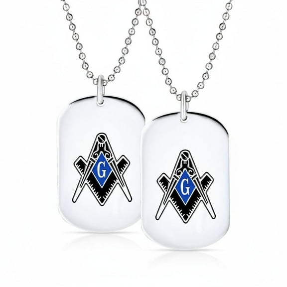 Bling Jewelry Mens Set of 2 Black Blue Freemason Compass Masonic Dog Tag Necklace Stainless Steel