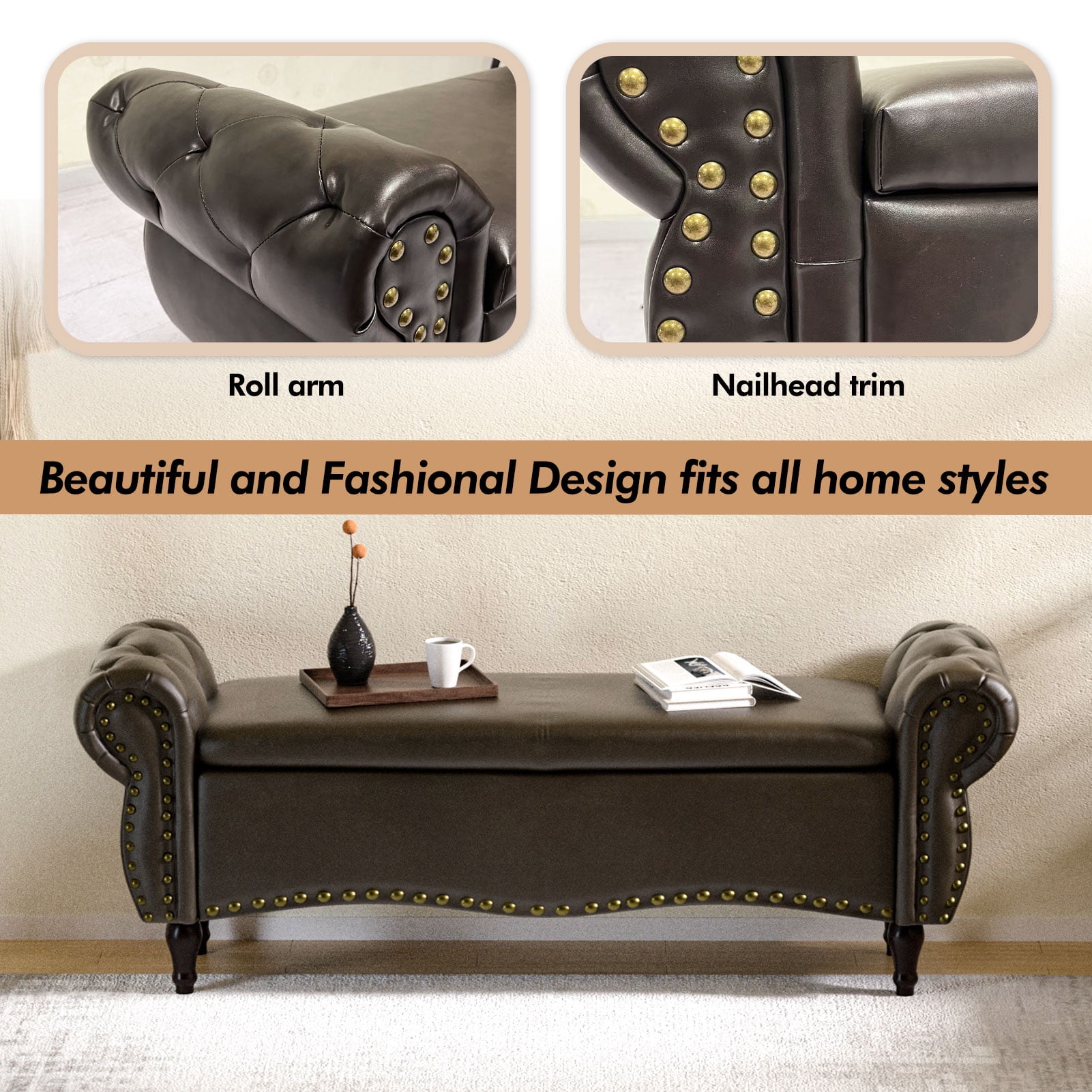 zzw 53" Upholstered Storage Ottoman Bench with Safety Hinge Lid and Tufted Fabric