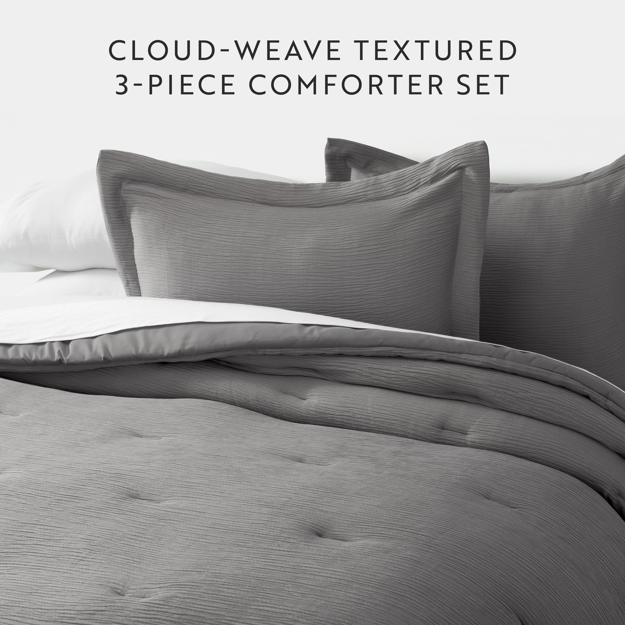 Noble Linens 3 Piece Cloud Gauze Textured All Season Down-Alternative Comforter Set, Fog, Full/Queen