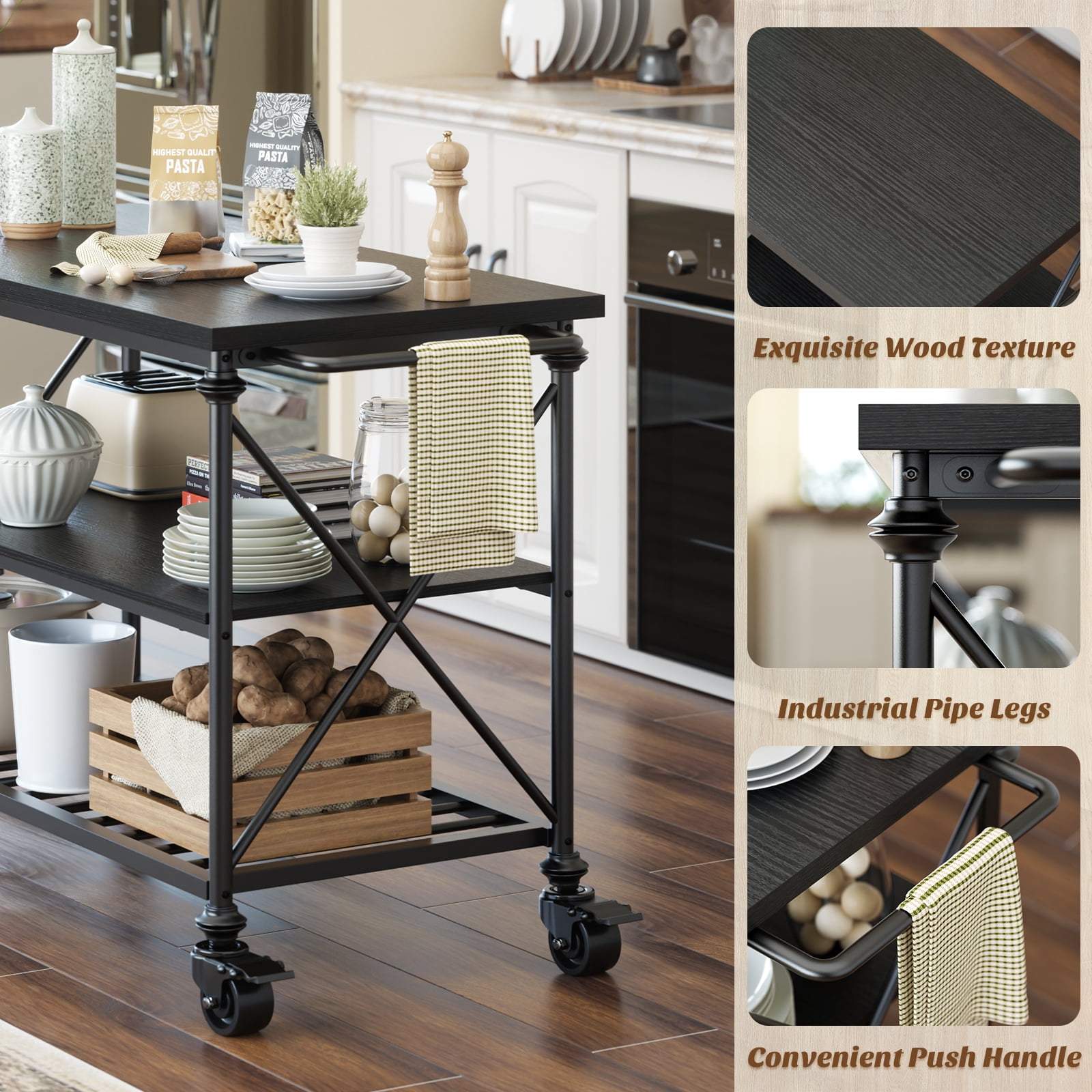 Homieasy Industrial Mobile Kitchen Island Cart with Wheels: 3-Tier Storage, Lockable Casters for Kitchen, Dining & Small Spaces,Black