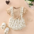 thumbnail image 2 of YDFCWXW Newborn Girl Baby Romper Floral Ruffle Short Sleeve Jumpsuit Knitted Ribbed Triangle Bodysuit (Khaki, 3-6 Months), 2 of 7