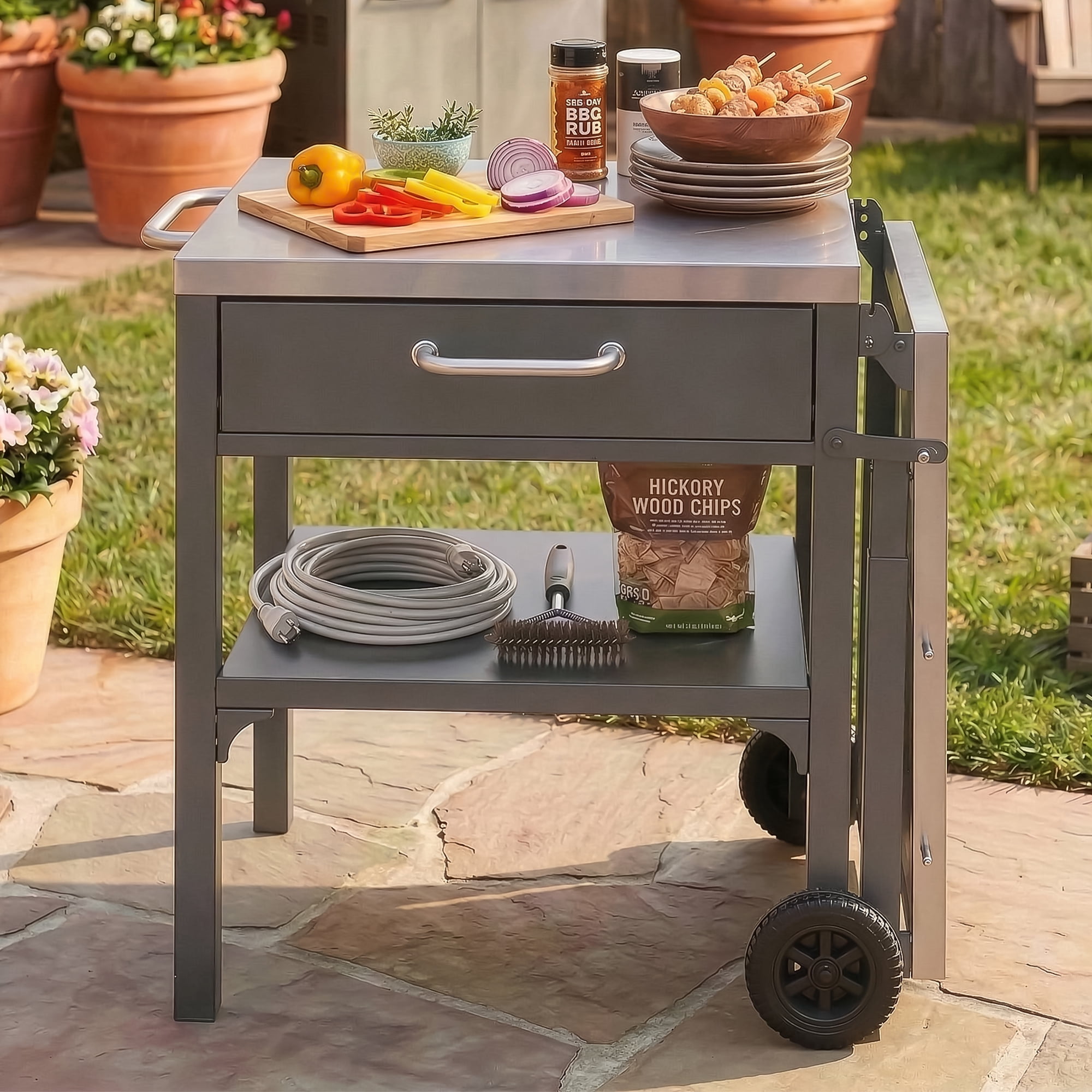Portable Outdoor Kitchen Cart, Foldable BBQ Prep Station for Backyard Patio, Gray