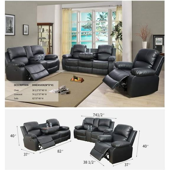 3 Piece Leather Mannual Reclining Living Room Set Black