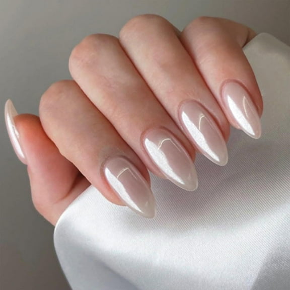 French Tip Press on Nails Medium Almond Fake Nails Press ons with Designs Chrome False Nails Long Glossy Full Cover Glue on Nails Cute Acrylic Stick on Nails for Women Nails Manicure Decoration 24Pcs