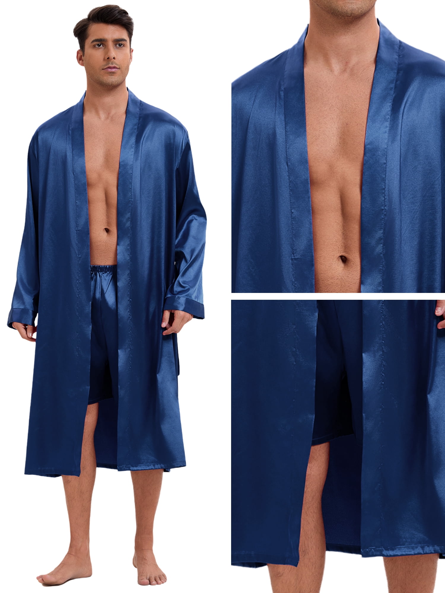 DARING DIVA Men's Long Sleeve Kimono Bathrobe Sleepwear with Shorts Set M Navy Blue
