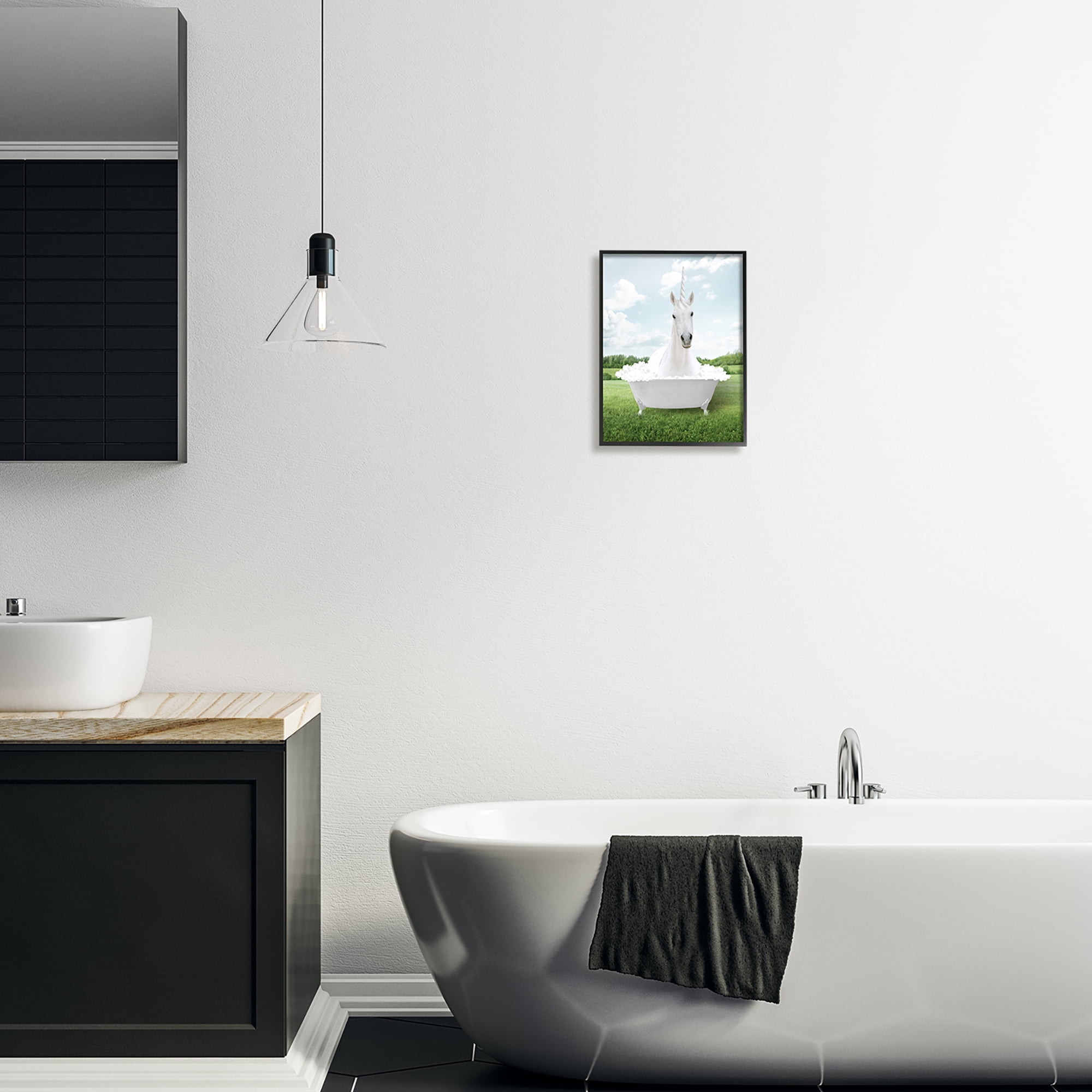 Stupell Industries Unicorn in Tub Landscape Nature Painting Black Framed Art Print Wall Art, 11 x 14