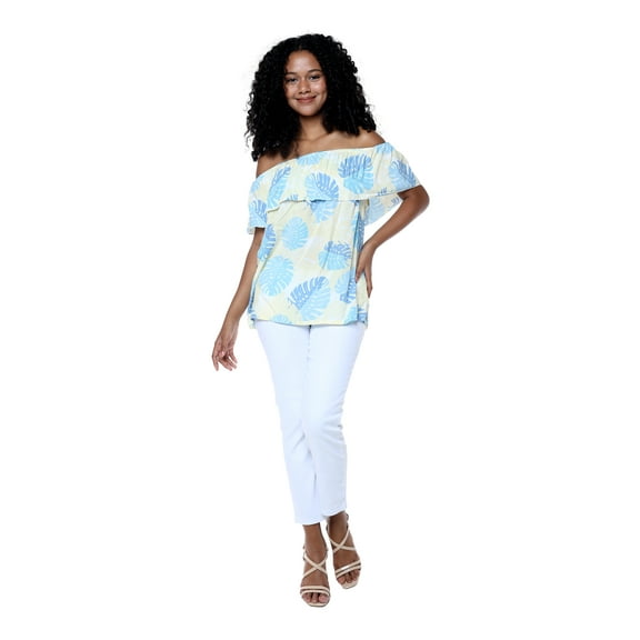Women's Hawaiian Off-Shoulder Ruffle Muumuu Top in Pacific Palm White XL