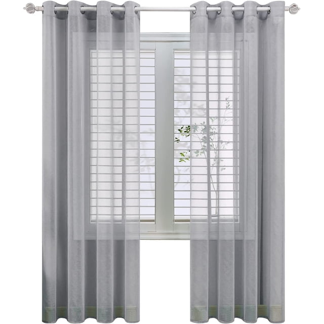 Lote de 2 150x250cm(Largeur x Hauteur)Rideaux Voilage Gris en Effet Lin - A Oeillets Rideau Decoración Chambre Semi-Transparent pour Salon Rideau Cuisine