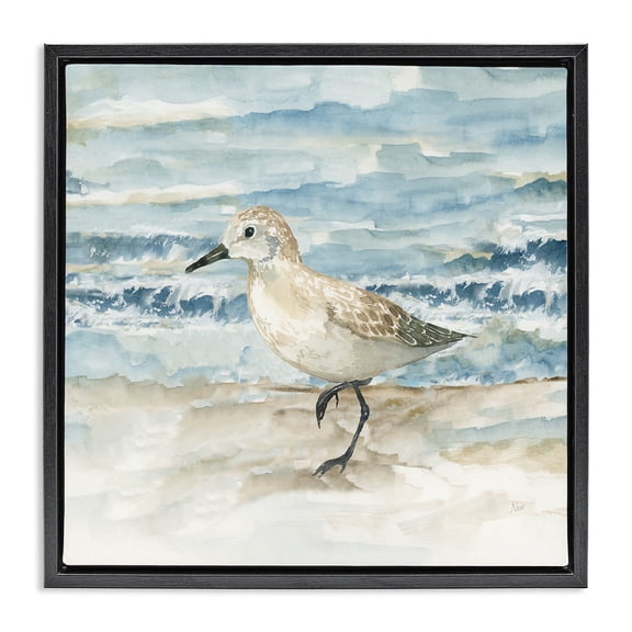 Stupell Industries Balancing Sandpiper on Shore Animals Painting Black Floater Framed Canvas Art Print Wall Art, 18 x 18
