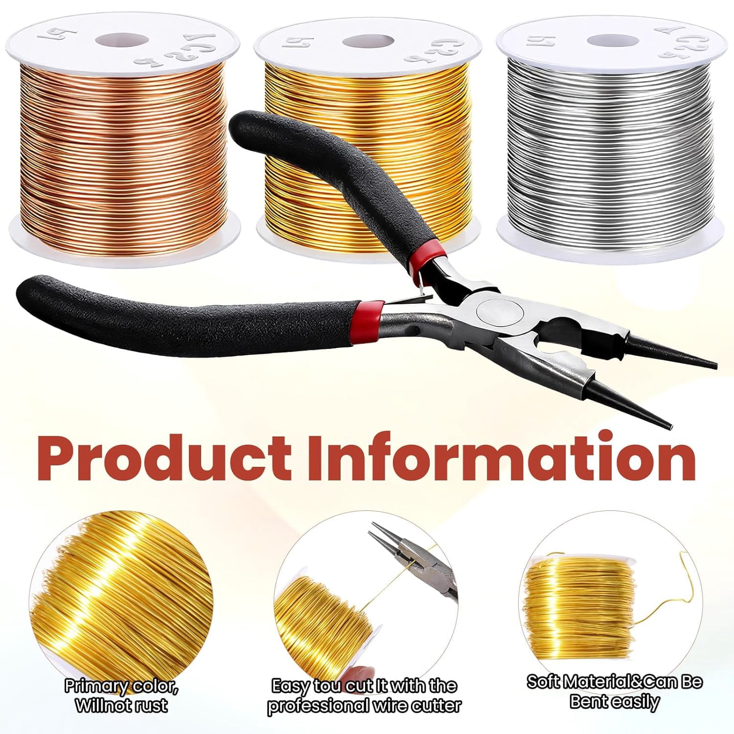 3 Rolls 20 Gauge Wire for Jewelry Making with Pliers, Tarnish Resistant Copper Beading Wire, Bendable Metal Wires for Crafts, DIY Craft Making, 22m per Roll, Gold/Silver/KC Gold